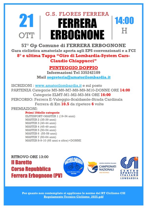 Ferrera Erbognone (PV) 21 Ottobre 2025 8° e ultima tappa a PUNTEGGIO DOPPIO del "Giro di Lombardia-System Cars-Claudio Chiappucci"
