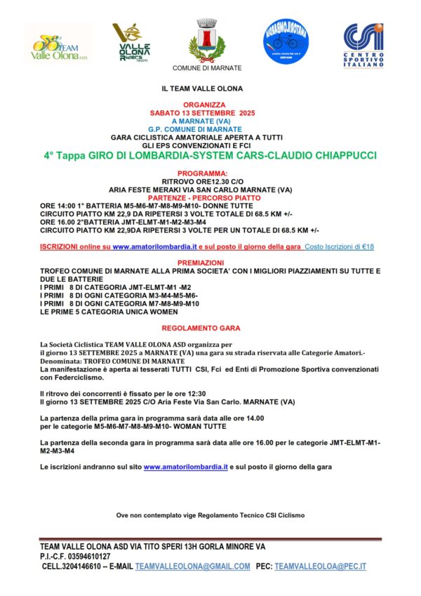 Marnate (VA) 13 Settembre 2025 GP Comune di Marnate- 4° Tappa Giro di Lombardia-System Cars-Caludio Chiappucci